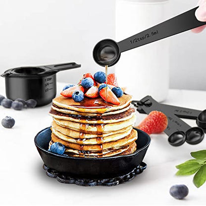 21 Pcs Stainless Steel Measuring Cups and Spoons Set, Wildone Stackable Metal Measuring Cups and Spoons for Cooking & Baking, Includes 7 Cups, 9 Spoons and 5 Mini Spoons（Black） - color: Black