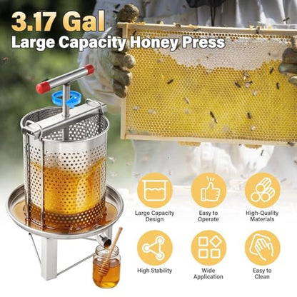 Manual Honey Press Extractor 3.17 Gal 201 Stainless Steel Honeycomb Spinner with Ergonomic T-Handle & Reinforced Tripod Base 0.2" Mesh Detachable Honey Spinner Extractor for Beekeeping Juice Making