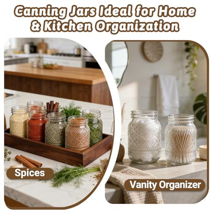 16oz Embossed Mason Jars 4-Pack, Regular Mouth Pint Glass Canning Jars | Airtight Seals, Ideal for Overnight Oats, Meal Prep, Pickling, Fermenting, Food Storage, DIY Crafts & Gifts - color: Clear07-16oz