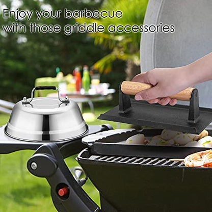 HaSteeL Melting Dome & Burger Press for Griddle, Stainless Steel 9In Basting Cover & Heavy Duty 8 x 4In Wooden Grill Press, Griddle Accessories Set Perfect for Flat Top Teppanyaki Cast Iron Outdoor - size: 9" Dome & Rectangle Press