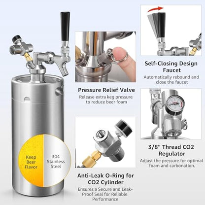 MRbrew 128oz Mini Keg Growler Portable Draft Beer Dispenser System Pressurized Stainless Steel Beer Growler Tap System Home Mini Kegerator, with Professional Beer Tap and CO2 Regulator to Keep Fresh