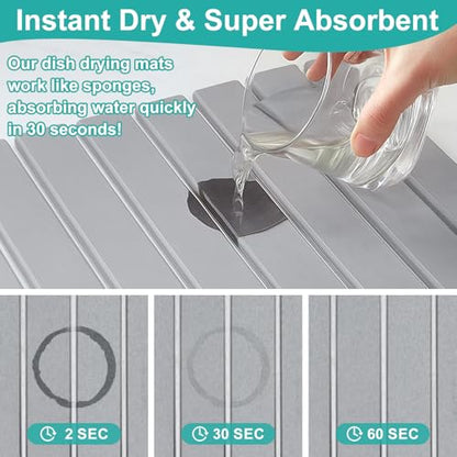 Large Stone Dish Drying Mat for Kitchen Sink Countertop Dish Drainer Diatomaceous Earth Mat Collapsible Dishes Rack Drying Tray Water Absorbent Quick Draining Pads Fast Foldable Bathroom Drying Mats - color: Light Gray