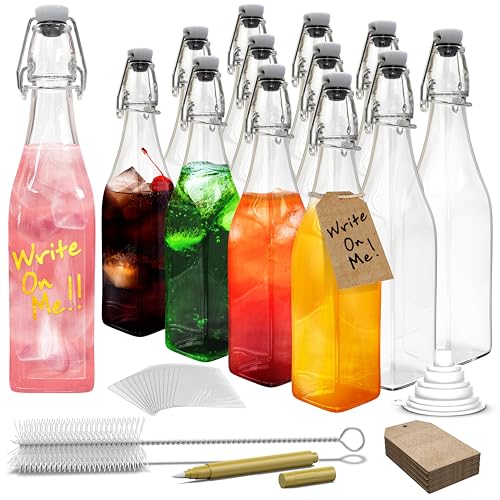 Nevlers 17 Oz Swing Top Glass Bottles with Airtight Lid 12 PK Bottling Kit | Flip Top Glass Bottle with Stopper , Shrink Wrap, Funnel, Brush, Marker & Tags | Empty Beer Bottles for Home Brewing & More - style: Square