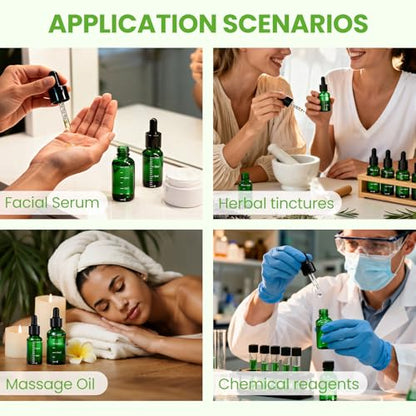 UPBUD 63 Pcs 1oz Green Glass Dropper Bottles with Measurement, 30ml Leakproof Tincture Bottles with Funnels, Eye Droppers, Extra Caps & Labels, Refillable Empty Bottles for Tinctures, Essential Oils - color: Green-1oz, size: 1oz
