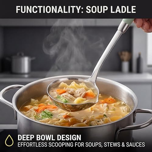 18/10 Stainless Steel Soup Ladle and Pasta Server Set, 2-Piece | Premium 18/10 stainless steel soup ladle and pasta server with ergonomic heat-resistant handles for everyday cooking. - color: Green