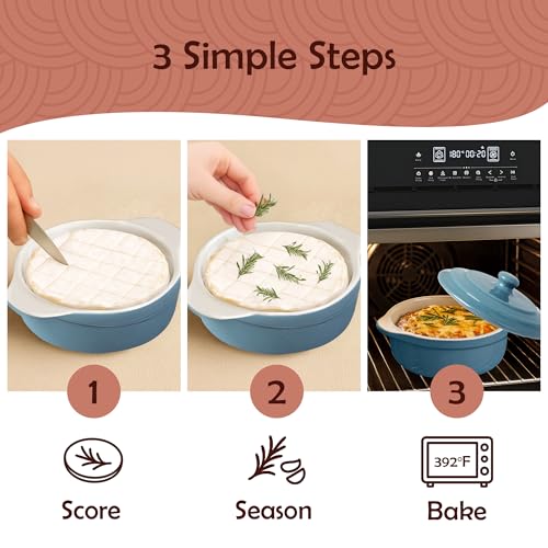 Muldale Ceramic Camembert Baker with Lid and Wooden Spreader - Brie Baking Dish Set for Entertaining - 5.5" Oven Safe Blue - color: Blue