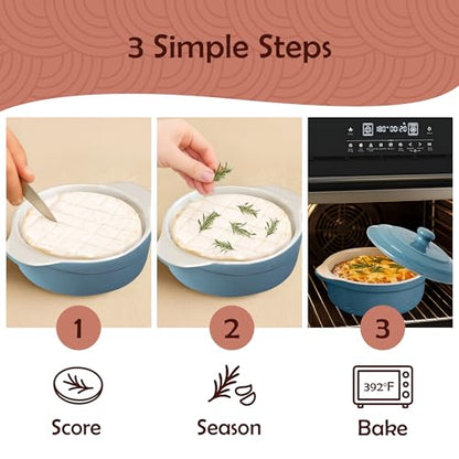 Muldale Ceramic Camembert Baker with Lid and Wooden Spreader - Brie Baking Dish Set for Entertaining - 5.5" Oven Safe Blue - color: Blue