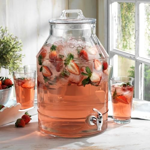 3 Gallon Glass Drink Dispensers For Parties,Classic Mason Jug Beverage Dispensers With Glass Lid With Handle And 100% Leakproof Spigot.Glass Water Jug Dispenser,Lemonade Dispenser - color: Clear-3-Gallon