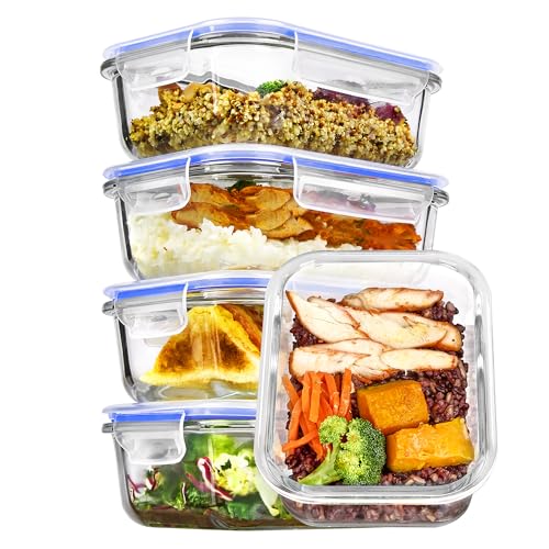 Vtopmart 5Pack 22oz Glass Storage Containers with Lids, Glass Meal Prep Food Container Sets with Snap Airtight Lid for Microwave, Oven, Freezer and Dishwasher, Blue - color: Blue, size: 22oz