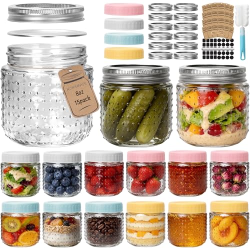 CycleMore 8 oz Mason Jars, 15 Pack Hobnail Design Canning Jars with Silver Metal & Colorful Plastic Lids, Glass Storage Jars for for Storing, Jam, Pickling, Crafts, Home Decor & DIY Gifts - size: Hobnail 8oz - 15 Pack
