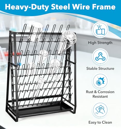 FOUR E'S SCIENTIFIC Lab Drying Rack, Steel Wire Bottle Drying Rack for Lab Glassware Countertop Wall Mounted Detachable Dryer Stand, Holds Up to 83 Pieces