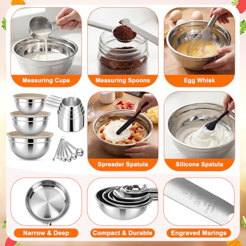 18 Pack Stainless Steel Mixing Bowls with Lids Set Includes Stainless Steel Measuring Cups and Spoons Wire Balloon Whisk Silicone Spatulas Suitable for Kitchen Cooking Baking(Khaki) - color: Khaki