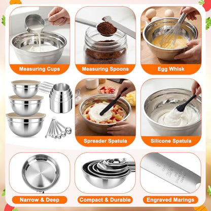 18 Pack Stainless Steel Mixing Bowls with Lids Set Includes Stainless Steel Measuring Cups and Spoons Wire Balloon Whisk Silicone Spatulas Suitable for Kitchen Cooking Baking(Khaki) - color: Khaki