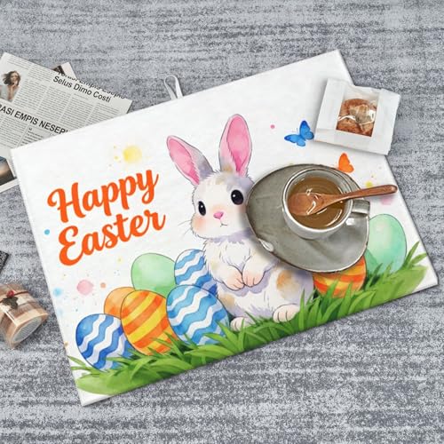 Easter Bunny Dish Drying Mat, for Kitchen Counter Microfiber Absorbent Easter Eggs Dish Draining Reusable Washable Extra Large 18"x24" - color: easter