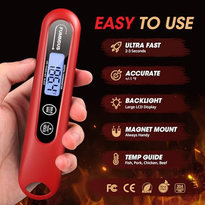 Digital Meat Thermometer - 2S Instant Read Food Thermometer with Backlight, Foldable Probe for Turkey BBQ Grill Smoker Candy, Essential Kitchen Cooking Gadget (Red) - color: Red