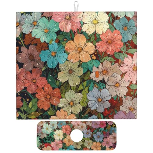 Colorful Wildflowers Dish Drying Mat for Kitchen Counter, 16"x18" Microfiber Absorbent Fast Dry Mat, 2Pcs Dish Mat Faucet Mats Sets, Large Drying Kitchen Mat Kitchen Drying Pad Coffee Bar Decor Gifts - color: Colorful Wildflowers, size: 16"X18"