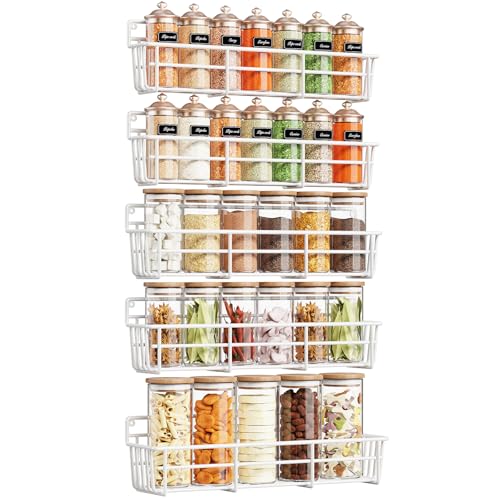 Mystozer 5 Pack Spice Rack Seasoning Organizer Wall Mount, Kitchen Organization Kitchen Storage Spice Shelf Screw or Adhesive Hanging Shelf Basket Spice Organizer Shelf for Kitchen, Pantry (White) - color: White, size: 5 Pack