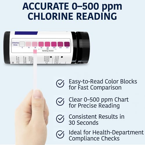200 Chlorine Test Strips for Food Service 0-500 ppm (Value Pack) - Bleach Sanitizer Test Strips Food Service - Sanitizer Testing Strip - Chlorine Tester - Restaurant Supplies - size: 200 Strips