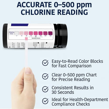 200 Chlorine Test Strips for Food Service 0-500 ppm (Value Pack) - Bleach Sanitizer Test Strips Food Service - Sanitizer Testing Strip - Chlorine Tester - Restaurant Supplies - size: 200 Strips