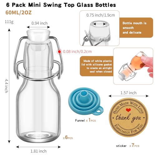 6Pcs White Lid 2 oz Mini Swing Top Glass Bottles, 60ML Mini Storage Bottles, with Lids Kraft Decoration,Small Glass Bottles,for Wedding Themed Party Favors (6)