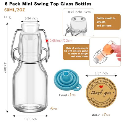 6Pcs White Lid 2 oz Mini Swing Top Glass Bottles, 60ML Mini Storage Bottles, with Lids Kraft Decoration,Small Glass Bottles,for Wedding Themed Party Favors (6)