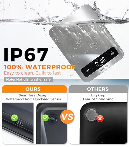 100% Waterproof Food Scale, IP67 Digital Kitchen Scale, Rechargeable (USB-C), 0.1oz/1g Precision, 22lb Capacity, Stainless Steel & Tempered Glass, for Cooking, Making Sourdough Bread, Grey - color: Grey