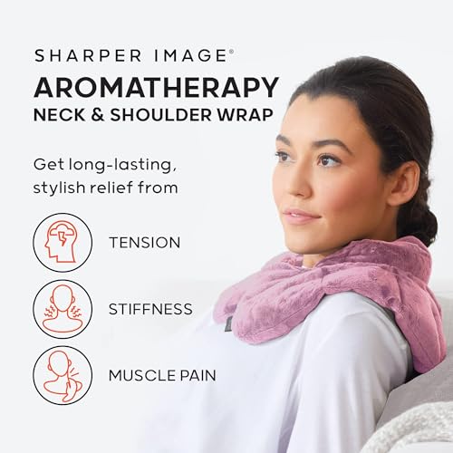 Sharper Image Heated Neck & Shoulder Wrap - Microwavable Warm & Cooling Plush Pad, Scented Aromatherapy (100% Natural Lavender & Herb Spa Blend), Pain Tension Headache Relief Therapy, Gift for Women - color: Pink