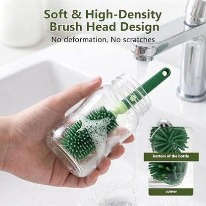 Travel Baby Bottle Brush Kit with Case, 6-in-1 Portable Bottle Cleaning Set for Baby Bottles, Nipples, Straws and Breast Pump Parts, Includes Drying Rack and Soap Dispenser, Green