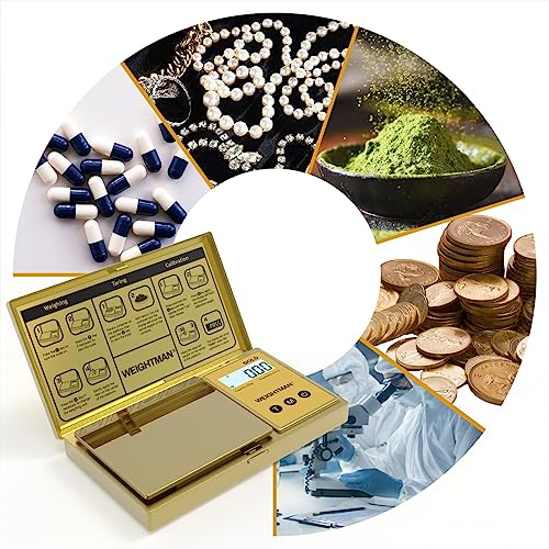 WEIGHTMAN Digital Scale Gram, 200g/0.01g Pocket Scale Gold Titanium Plating, LCD Backlit Display, Mini Jewelry Scale with 6 Units, Auto Off, Tare Function for Food, Coins, Battery Included - color: Gold