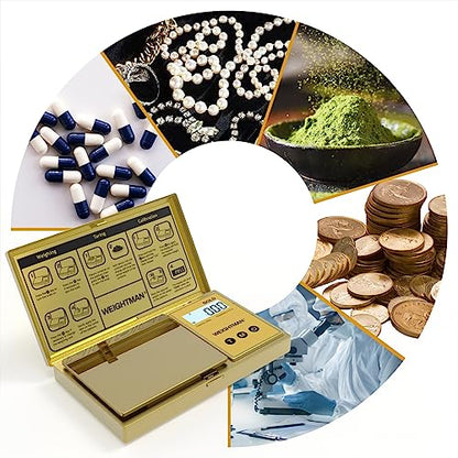 WEIGHTMAN Digital Scale Gram, 200g/0.01g Pocket Scale Gold Titanium Plating, LCD Backlit Display, Mini Jewelry Scale with 6 Units, Auto Off, Tare Function for Food, Coins, Battery Included - color: Gold