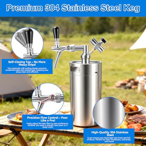 128oz Stainless Steel Mini Keg Growler Portable Kegerator, Adjustable Pressurized Mini Kegerator for Homebrew, Beer Growler Tap System for Craft Beer Cider and Kombucha