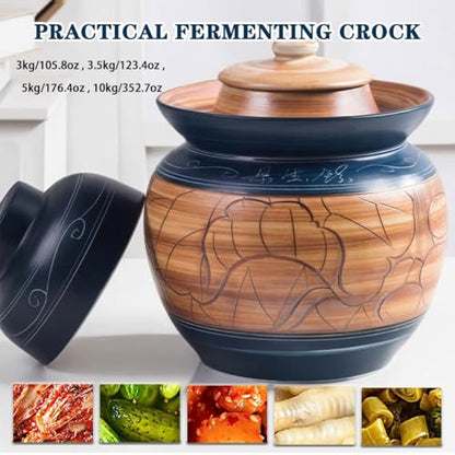 Retro Kimchi Jar with Embossed Lotus Pattern, Water-Sealed Fermentation Tank, Handmade Ceramic Pickling Crock, with Double Lid(10kg/352.7oz) - size: 10kg/352.7oz