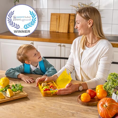 Snack Box Containers Set of 2-Reusable,100 Dissolvable Labels, 8 Adjustable Compartments, Dishwasher Safe, BPA-Free, Meal Prep Container, PARENT TESTED PARENT APPROVED AWARD (2 Pack) (Yellow) - color: Yellow, size: Small