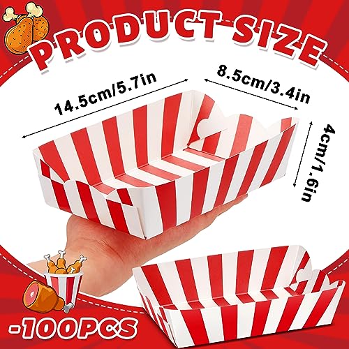 Yaomiao 100 Pcs Striped Paper Food Trays Carnival Paper Boats for Food Nacho Hot Dog Disposable Plates Disposable Serving Trays for Carnivals Fairs Festivals Picnics(Red) - color: Red
