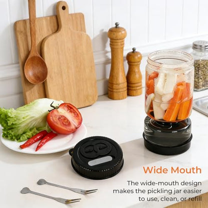 Pickle Jar with Strainer Flip, Pickle Container with Strainer with Two Forks, Airtight Glass Pickle Jar for Fermentation, Olive Jar with Date Tracker Lid, Jalapeno Container with Gas Port (Black) - color: Black
