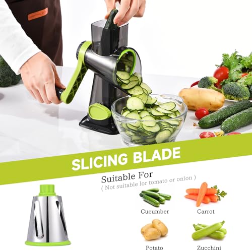 Rotary Cheese Grater with Handle Kitchen Shredder Slicer Grater Slicer Ice Shaver Cheese Vegetable Nuts Potato Zucchini Chocolate 3 Interchangeable Blades (Green TSP) - color: Green TSP