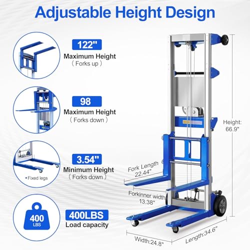 122" Material Lift Winch Stacker, 400 lbs Capacity Manual Material Lifts, Fixed Straddle Material Lifter, Hand Winch Lift Trucks for Warehouse, Factory, Lightweight, 34.60" L x 24.80" W, Blue - color: Blue