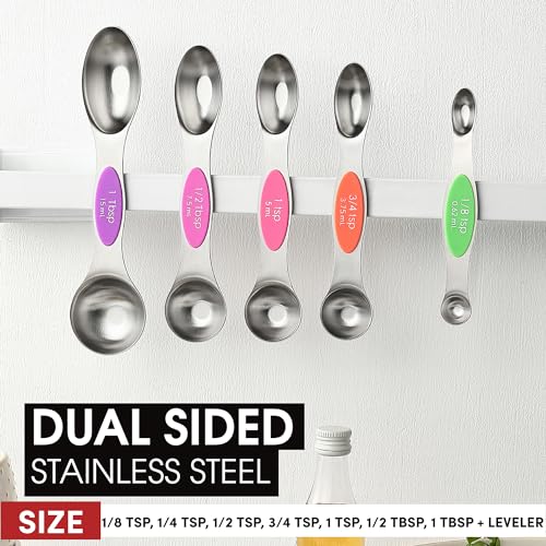 Spring Chef Stainless Steel Magnetic Measuring Spoons Set of 8 with Leveler, Nesting Metal Teaspoon & Tablespoon Measuring Spoons, Kitchen Gadgets for Baking & Cooking, Fits in Most Spice Jars - Neon - color: Neon, size: 1-Pack
