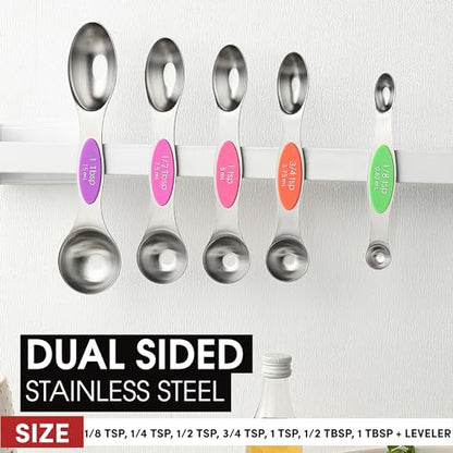 Spring Chef Stainless Steel Magnetic Measuring Spoons Set of 8 with Leveler, Nesting Metal Teaspoon & Tablespoon Measuring Spoons, Kitchen Gadgets for Baking & Cooking, Fits in Most Spice Jars - Neon - color: Neon, size: 1-Pack