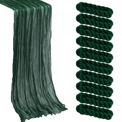 10 Pack Blackish Green Cheesecloth Table Runner -21*120Inch Long Boho Wedding Table Decor, Rustic Gauze Fabric Runner for Bridal Showers, Baby Showers & Parties (Sheer, Lightweight, Wrinkled Design) - color: Blackish Green, size: 120*21-10pack