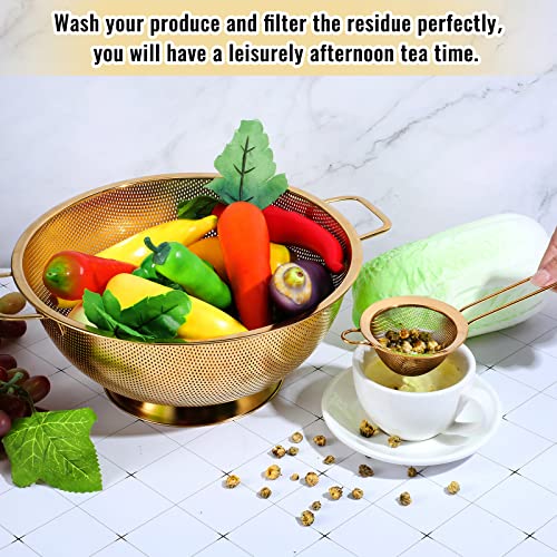 Norme 5 Quart Stainless Steel Gold Colander and 3 Pcs Gold Fine Mesh Strainer, Stainless Steel Pasta Rice Food Metal Strainer with Handles, Easy Clean and Dishwasher Safe - color: Gold, size: 5 Quart