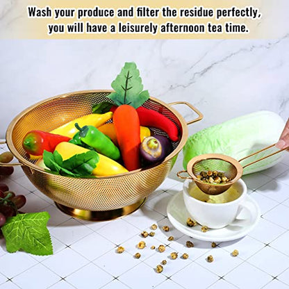Norme 5 Quart Stainless Steel Gold Colander and 3 Pcs Gold Fine Mesh Strainer, Stainless Steel Pasta Rice Food Metal Strainer with Handles, Easy Clean and Dishwasher Safe - color: Gold, size: 5 Quart