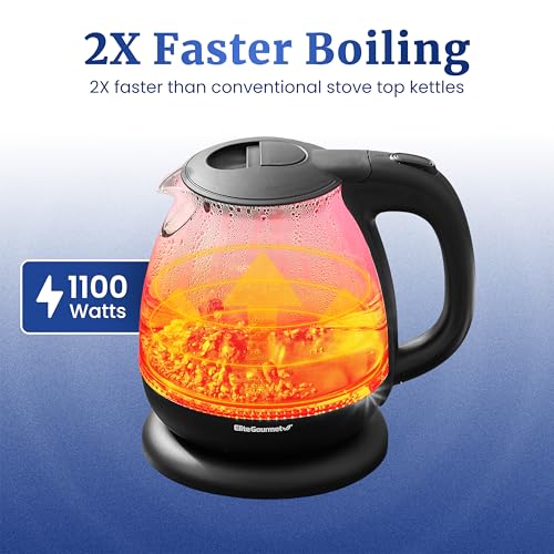 Elite Gourmet EKT1001B Electric 1.0L BPA-Free 1100W Glass Kettle Cordless 360° Base, Stylish Blue LED Interior, Handy Auto Shut-Off Function – Quickly Boil Water For Tea & More, Graphite Black - size: 1.1 Quarts