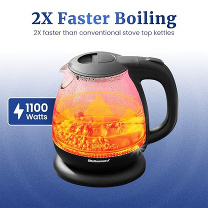 Elite Gourmet EKT1001B Electric 1.0L BPA-Free 1100W Glass Kettle Cordless 360° Base, Stylish Blue LED Interior, Handy Auto Shut-Off Function – Quickly Boil Water For Tea & More, Graphite Black - size: 1.1 Quarts
