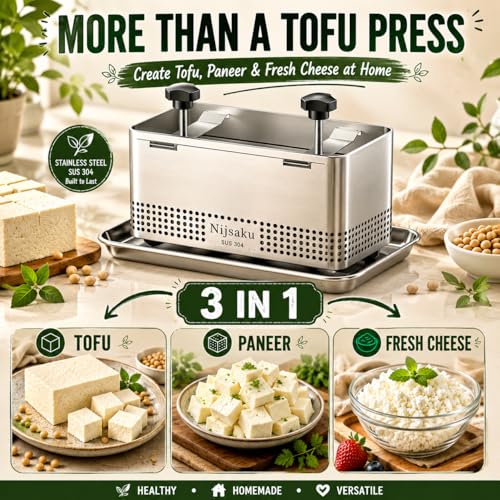 Tofu Press Stainless Steel, Adjustable Paneer Maker & Cheese Press | Make Extra Firm Crispy Tofu in 10–30 Minutes,Food Grade Tofu Maker with Drip Tray & Cheese Cloth, BPA Free, Dishwasher Safe - size: XL