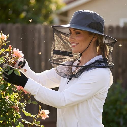 Sucrain Mosquito Head Net Hat Sun Hat Garden Bug Hat with Hidden Net Mesh for Outdoor Gardening Beekeeping - color: Hot Gray