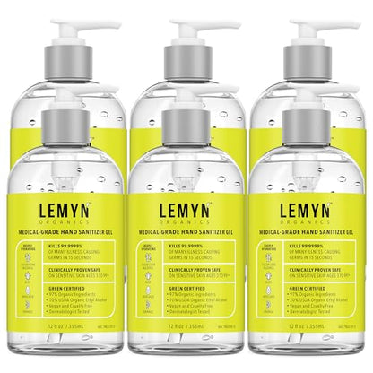 Lemyn Organics Medical‑Grade Hand Sanitizer Gel – 97 % Organic | 70 % USP Ethyl Alcohol | Moisturizing Aloe + Hyaluronic Acid | Freshly Made in USA | 12oz Bottle with Pump (PACK OF 6) - size: 12 Fl Oz (Pack of 6)