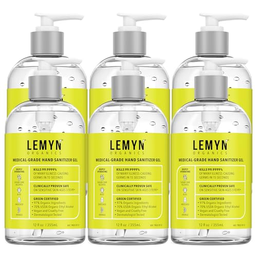 Lemyn Organics Medical‑Grade Hand Sanitizer Gel – 97 % Organic | 70 % USP Ethyl Alcohol | Moisturizing Aloe + Hyaluronic Acid | Freshly Made in USA | 12oz Bottle with Pump (PACK OF 6) - size: 12 Fl Oz (Pack of 6)
