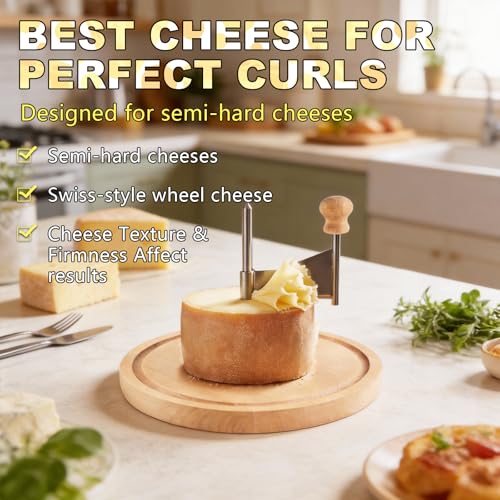Cheese Curler Wheel,Multi-Functiona Cheese Shaver for Making Various Cheese | With Cheese Slicer,Stainless Steel Sharp Blade and Wooden Base for Restaurants, Cafes, and Dessert Shops, Home