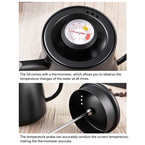 850ml Gooseneck Coffee Kettle with Thermometer, Stainless Steel Pour Over Pot with Wood Handle, Non Slip Bottom, and for Coffee Brewing